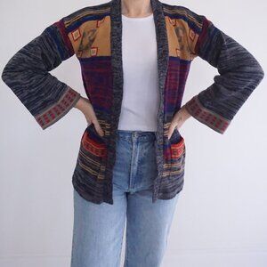 Vintage '60S Multicolor Knit Eclectic Grandpa Boho Open Front Cardigan Sweater M